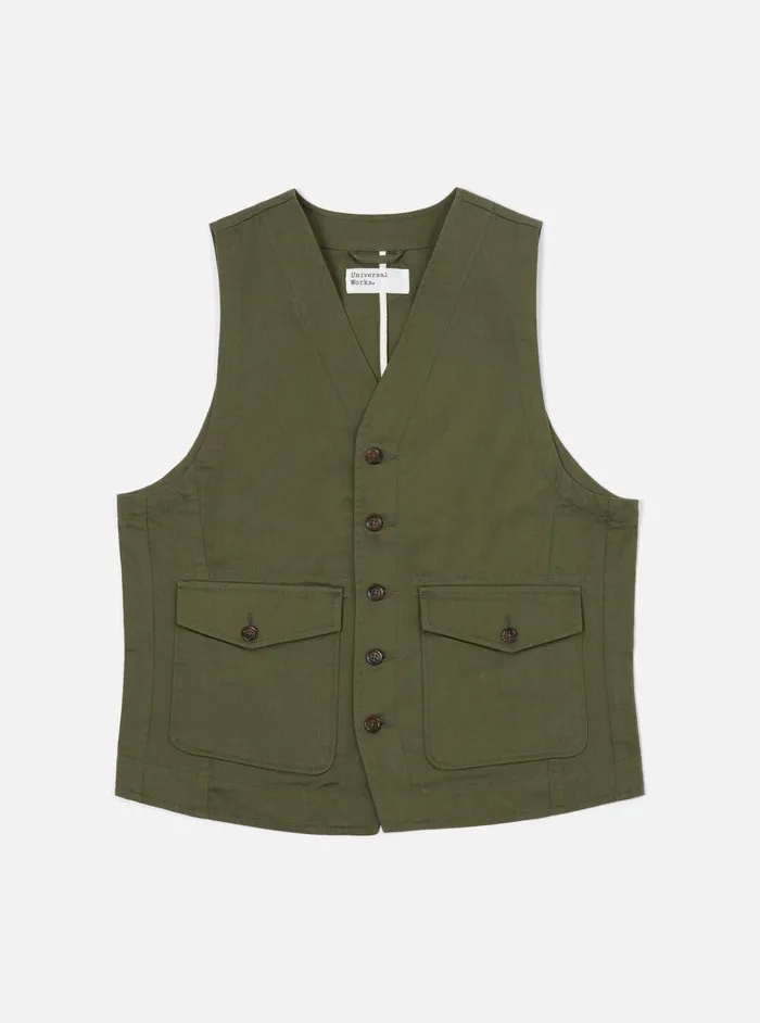 Cotton Twill Men Universal Works Universal Works Field Waistcoat In Light Olive Twill