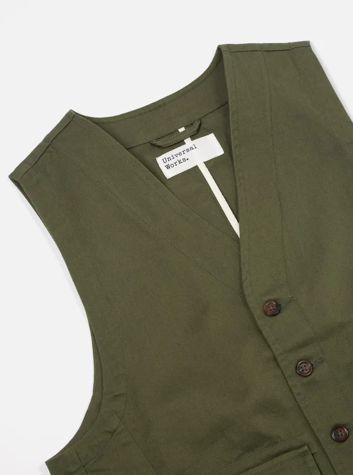 Cotton Twill Men Universal Works Universal Works Field Waistcoat In Light Olive Twill
