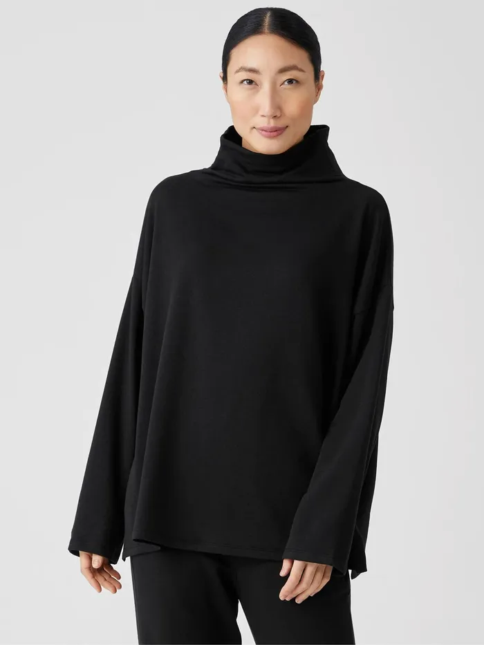 Cozy Brushed Terry Funnel Hug Neck BoxTop Black Women Eileen Fisher Tops and Tees