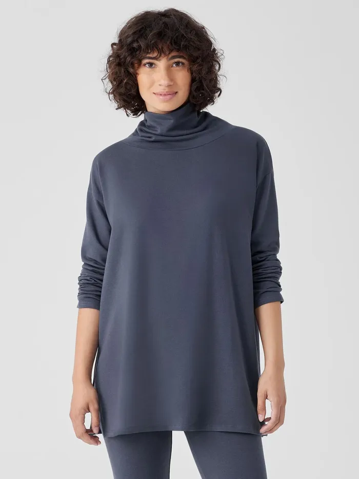 Cozy Brushed Terry Hug Funnel Neck Long Top Ocean Women Eileen Fisher Tops and Tees