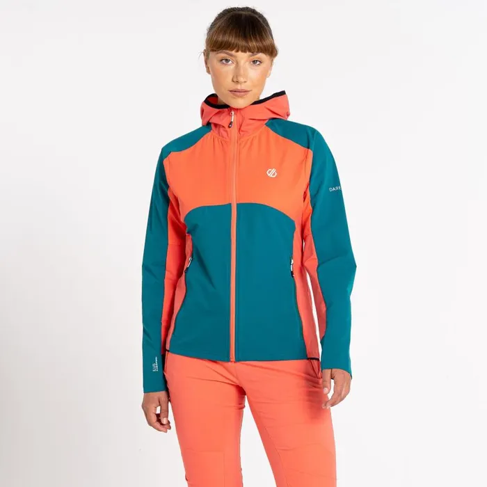 Dare 2b Avidly Hooded Softshell Jacket Fortune Green Neon Peach Women Softshell Jackets
