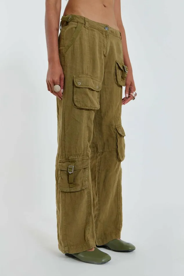 Devon Linen Cargo Trousers Khaki Women Jaded London Trousers