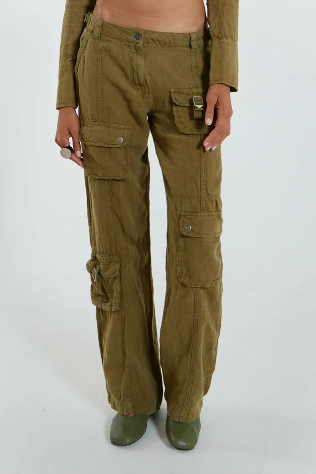 Devon Linen Cargo Trousers Khaki Women Jaded London Trousers