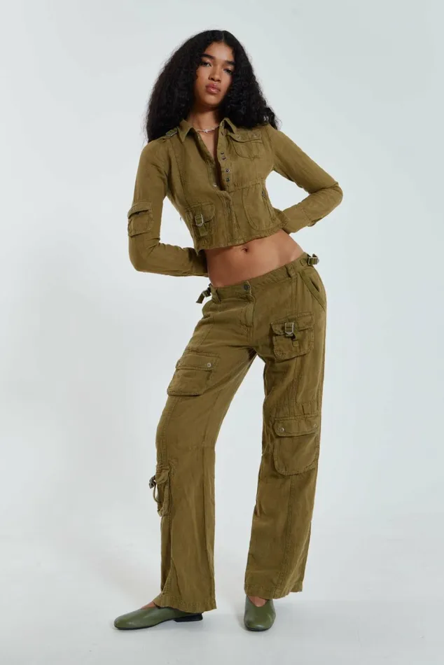 Devon Linen Cargo Trousers Khaki Women Jaded London Trousers