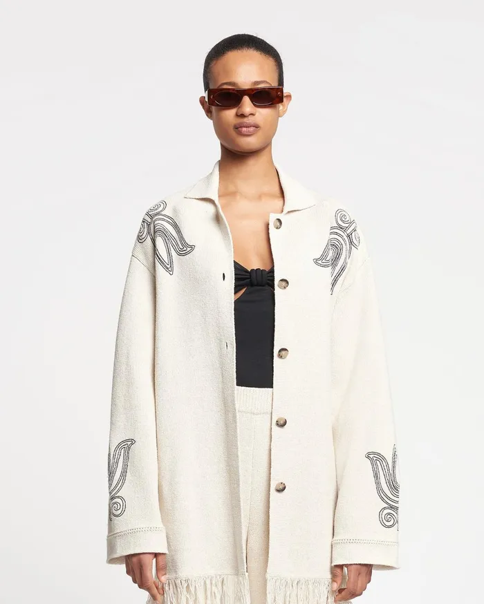 Dillian Embroidered TexturedLinen Cardigan NaturalBlack Women Nanushka Tops