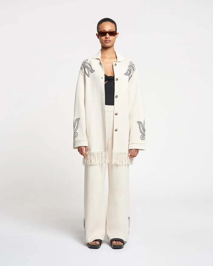 Dillian Embroidered TexturedLinen Cardigan NaturalBlack Women Nanushka Tops