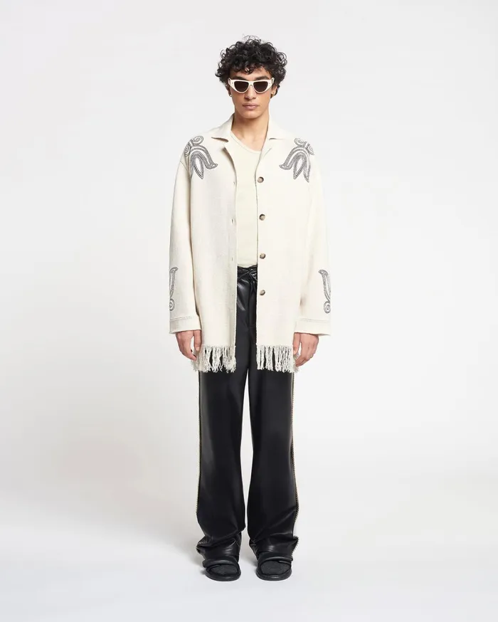 Dillian Embroidered TexturedLinen Cardigan NaturalBlack Women Nanushka Tops