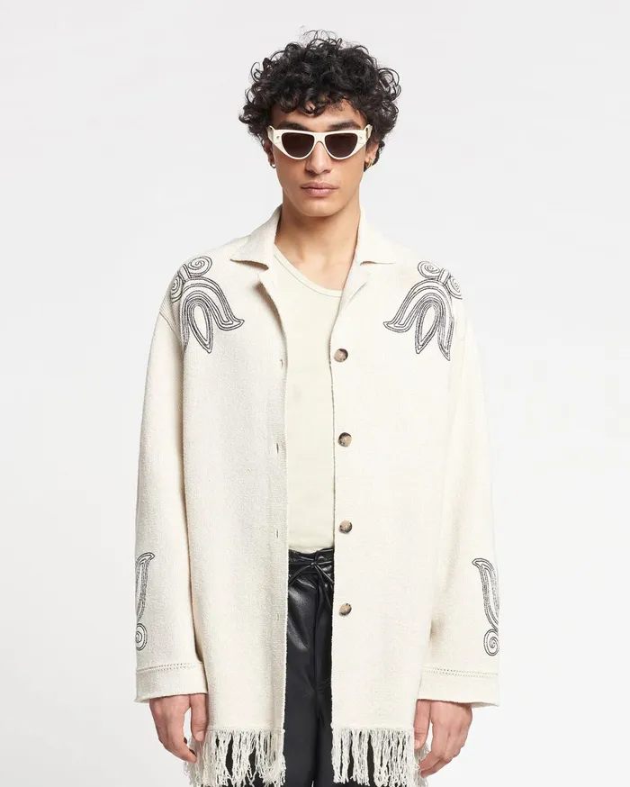 Dillian Embroidered TexturedLinen Cardigan NaturalBlack Women Nanushka Tops