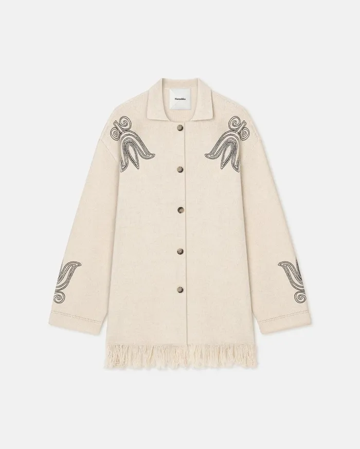 Dillian Embroidered TexturedLinen Cardigan NaturalBlack Women Nanushka Tops
