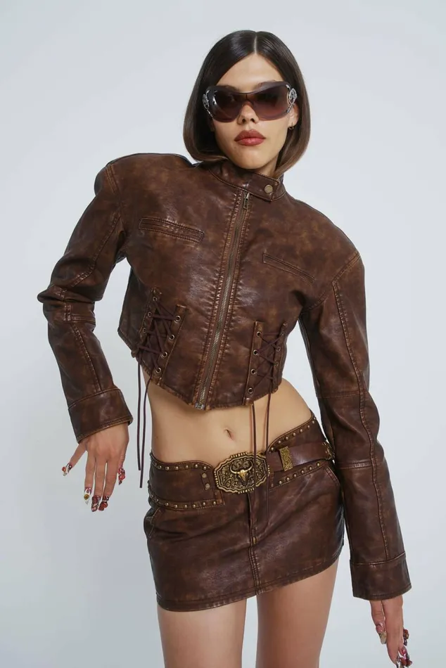 Easy Rider Faux Leather Jacket Brown Women Jaded London