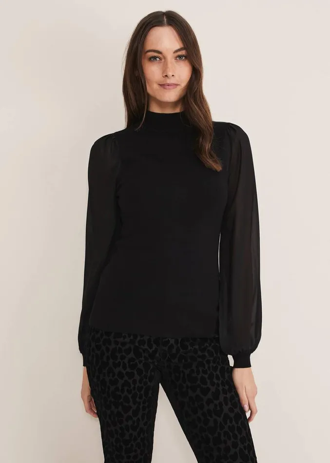 Eliza Chiffon Sleeve Knit Black Women Phase Eight Knitwear