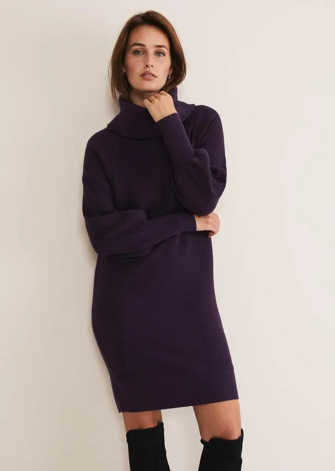 Erma Rippled Cowl Neck Knit Dress Deep Purple Women Phase Eight Dresses