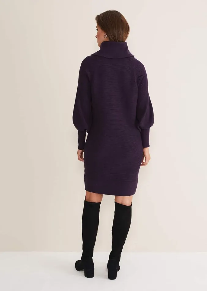 Erma Rippled Cowl Neck Knit Dress Deep Purple Women Phase Eight Dresses
