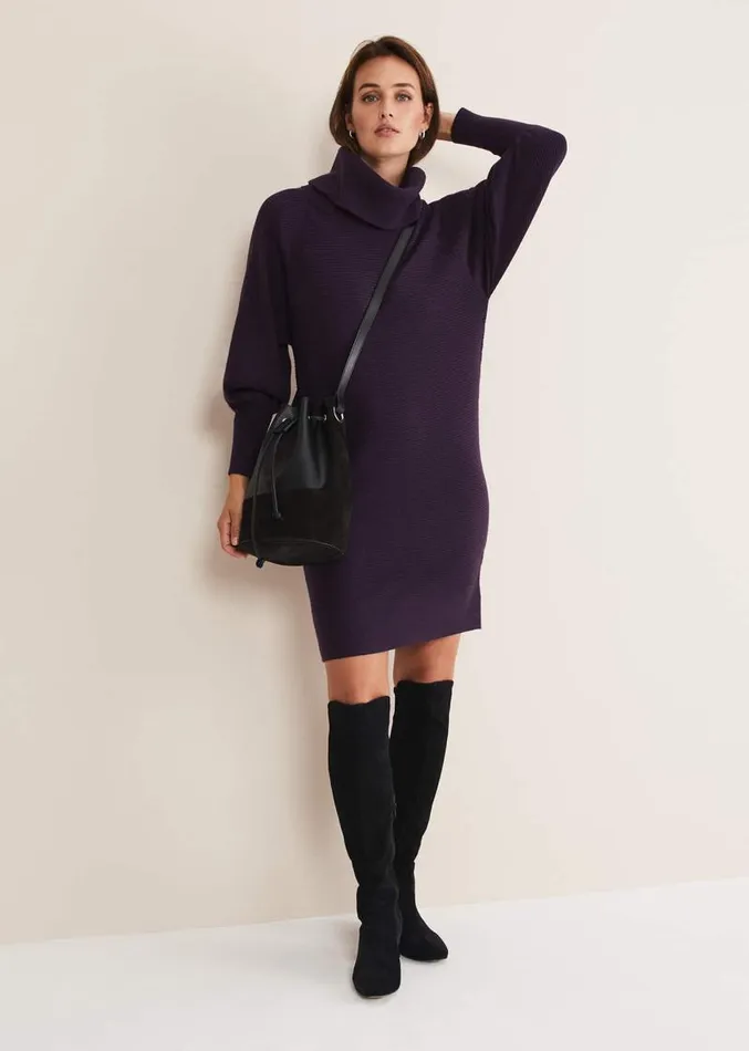 Erma Rippled Cowl Neck Knit Dress Deep Purple Women Phase Eight Dresses