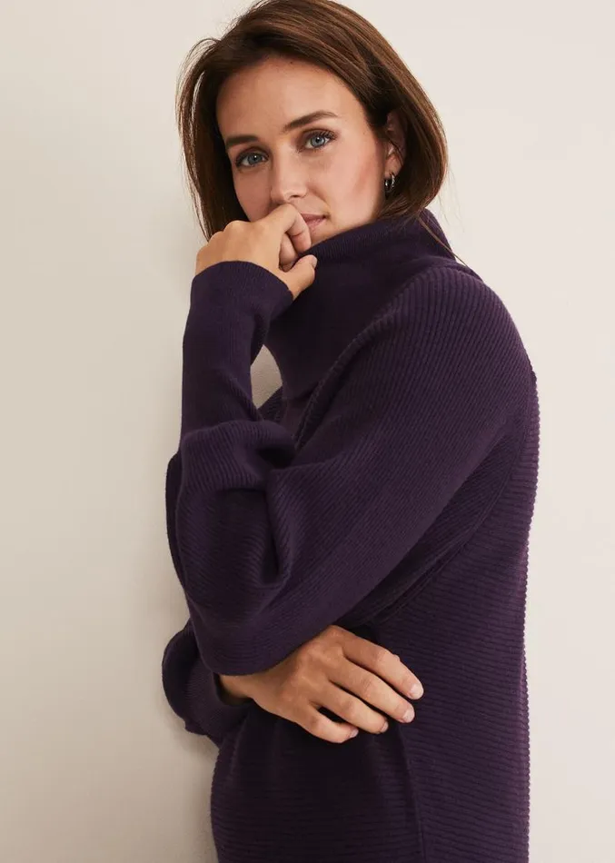 Erma Rippled Cowl Neck Knit Dress Deep Purple Women Phase Eight Dresses