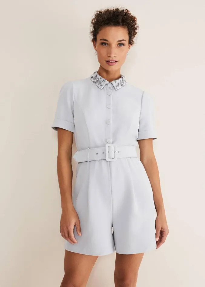 Etta Embelished Collar Playsuit Pale Blue Women Phase Eight Dresses