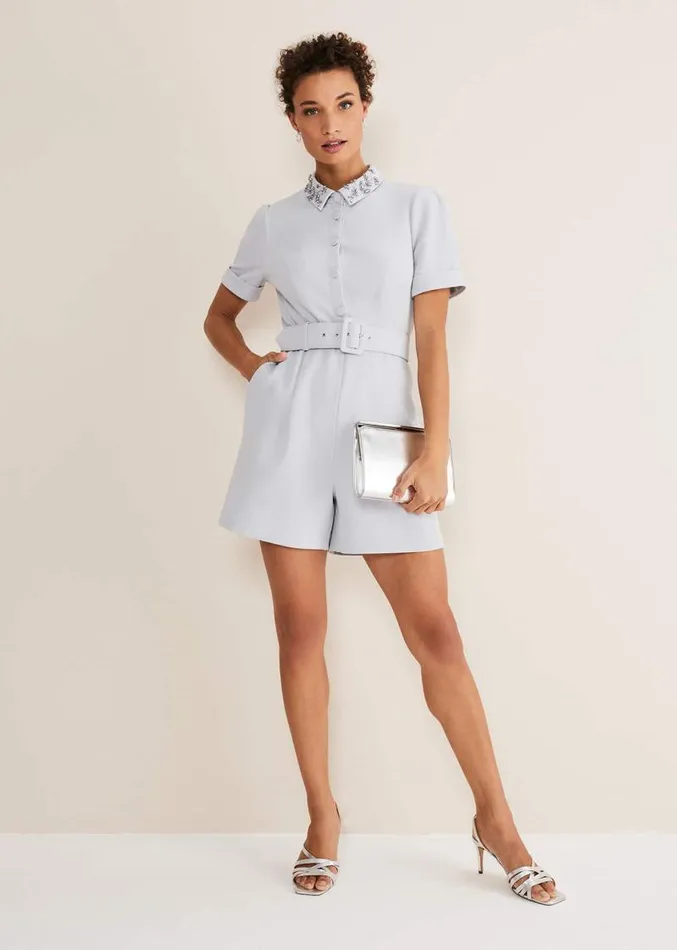 Etta Embelished Collar Playsuit Pale Blue Women Phase Eight Dresses