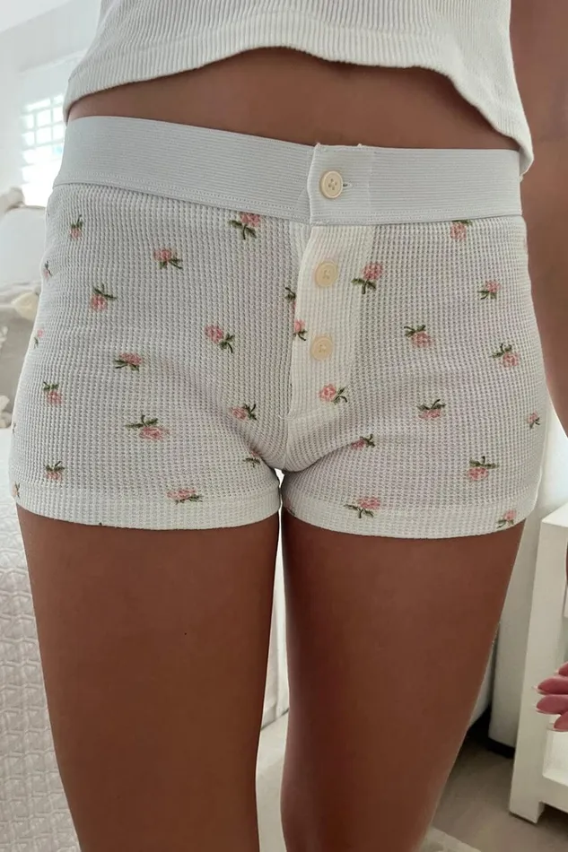 Floral Waffle Boy Short Underwear White With Pink And Green Floral Women Brandy Melville Intimates