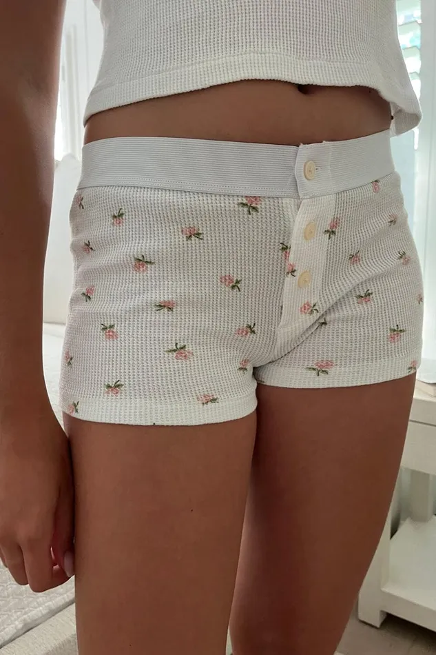 Floral Waffle Boy Short Underwear White With Pink And Green Floral Women Brandy Melville Intimates