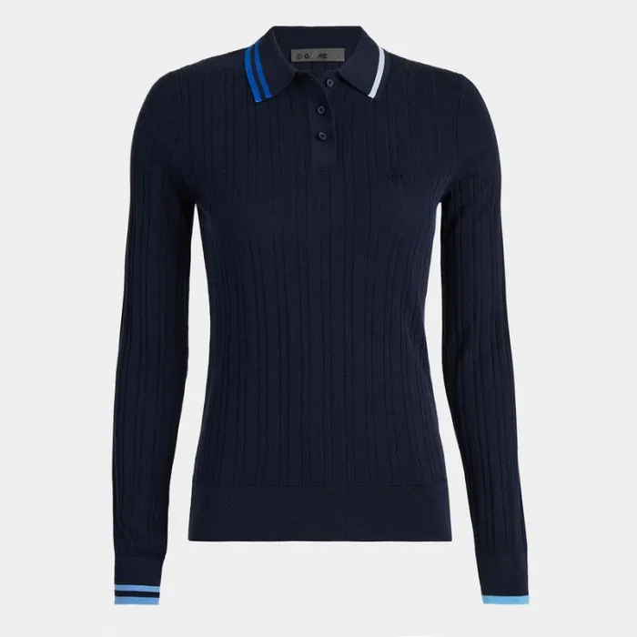 GFORE CONTRAST STRIPE COTTON BLEND RIBBED LONG SLEEVE KNIT POLO Twilight Women Polos