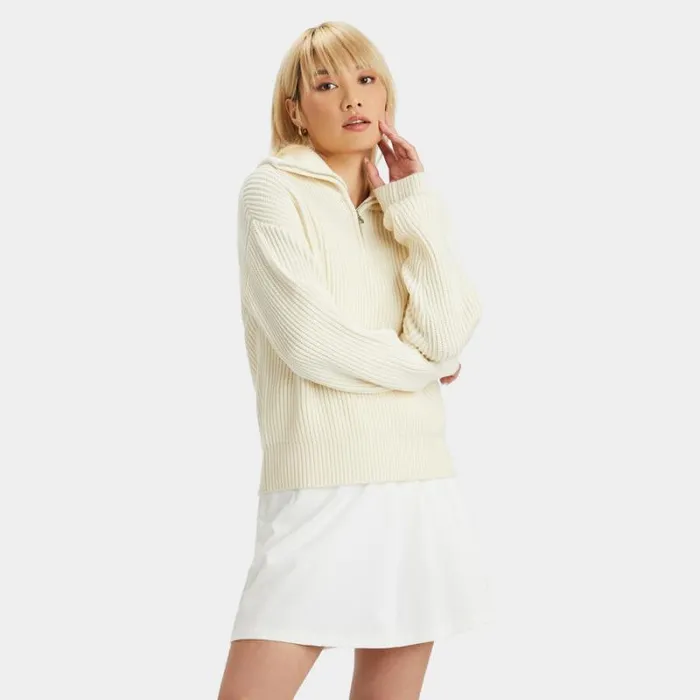 GFORE RIBBED FUNNEL NECK QUARTER ZIP SWEATER Snow Women Sweaters