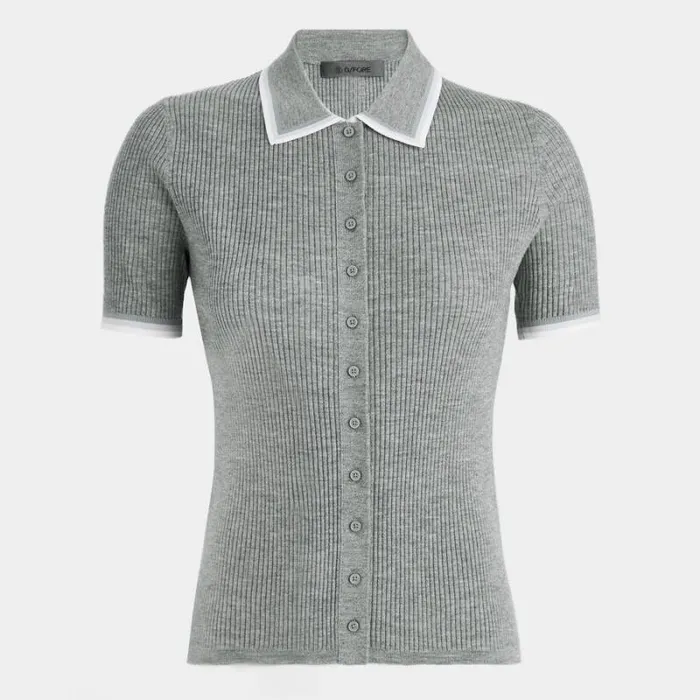 GFORE RIBBED MLANGE WOOL BLEND BUTTON DOWN SWEATER POLO Heather Grey Women Polos
