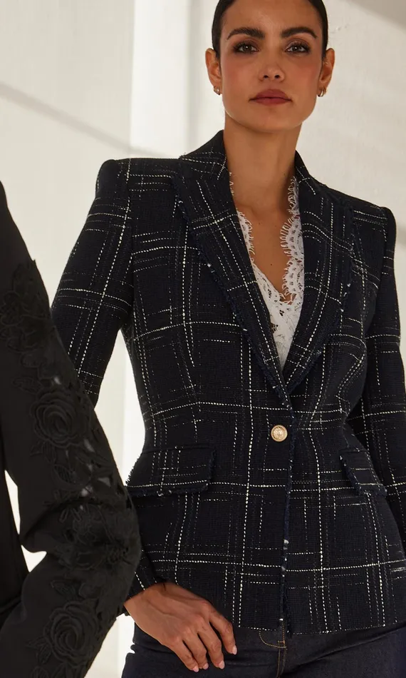 Generation Love Clothing Blazers and Jackets Aimee Windowpane Tweed Blazer Navywhite 8211 Women