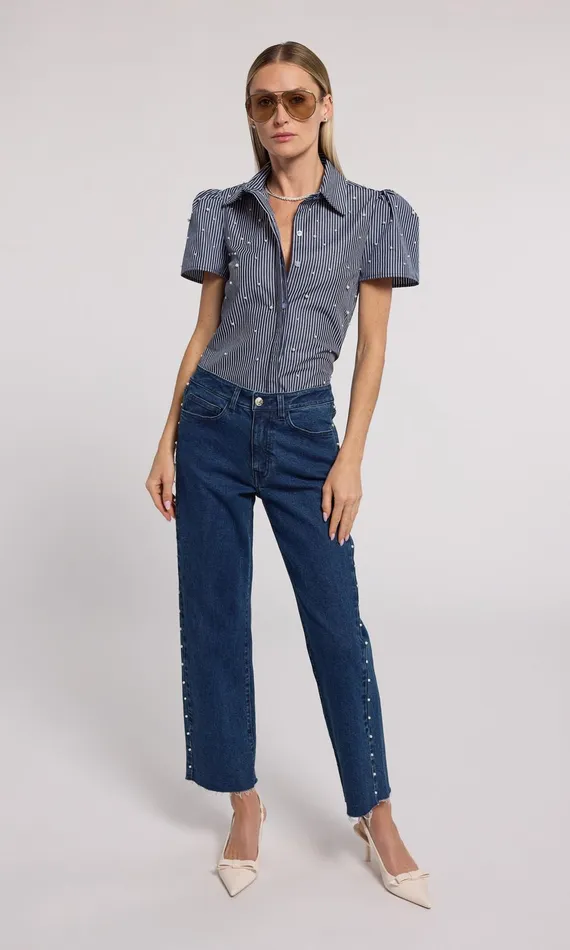 Generation Love Clothing Tops Murphy Pearl Embellished Pinstripe Shirt Navywhite 8211 Women