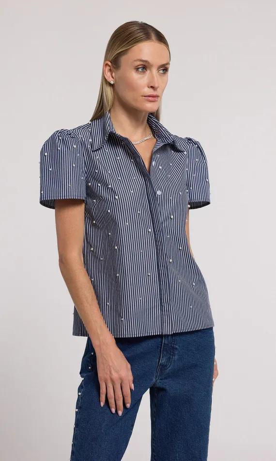 Generation Love Clothing Tops Murphy Pearl Embellished Pinstripe Shirt Navywhite 8211 Women