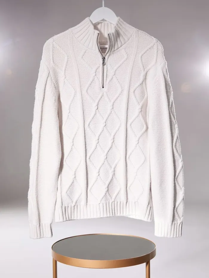 GUESS Gifts For Him Diamond CableKnit HalfZip Sweater White 8211 Men