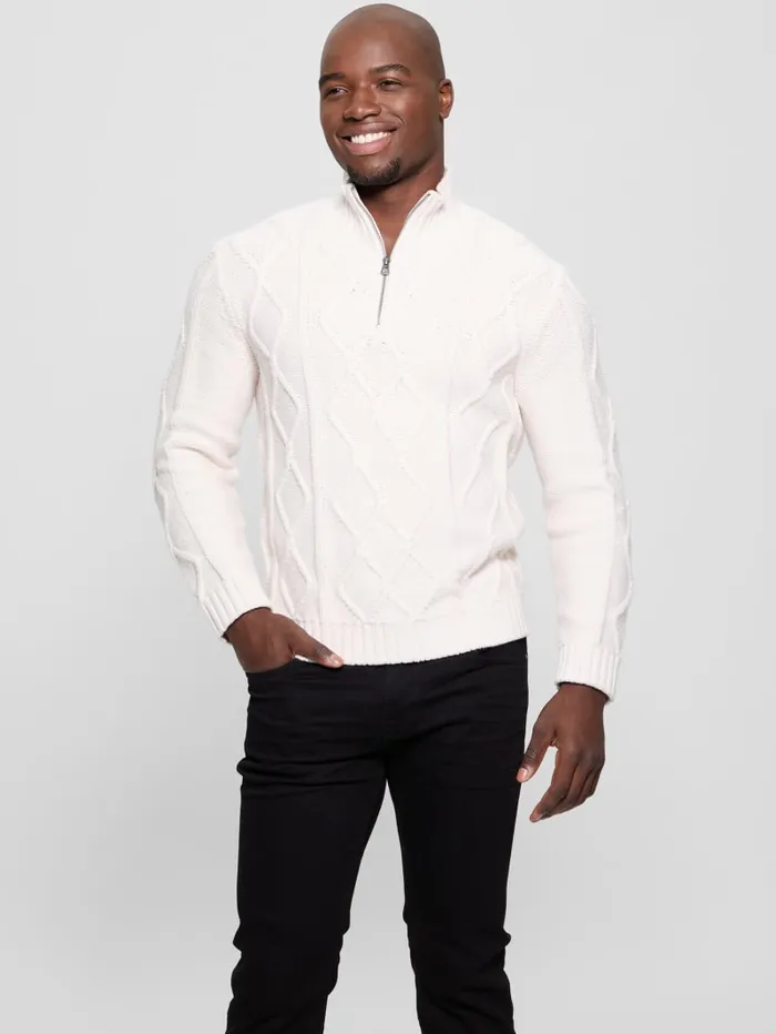 GUESS Gifts For Him Diamond CableKnit HalfZip Sweater White 8211 Men