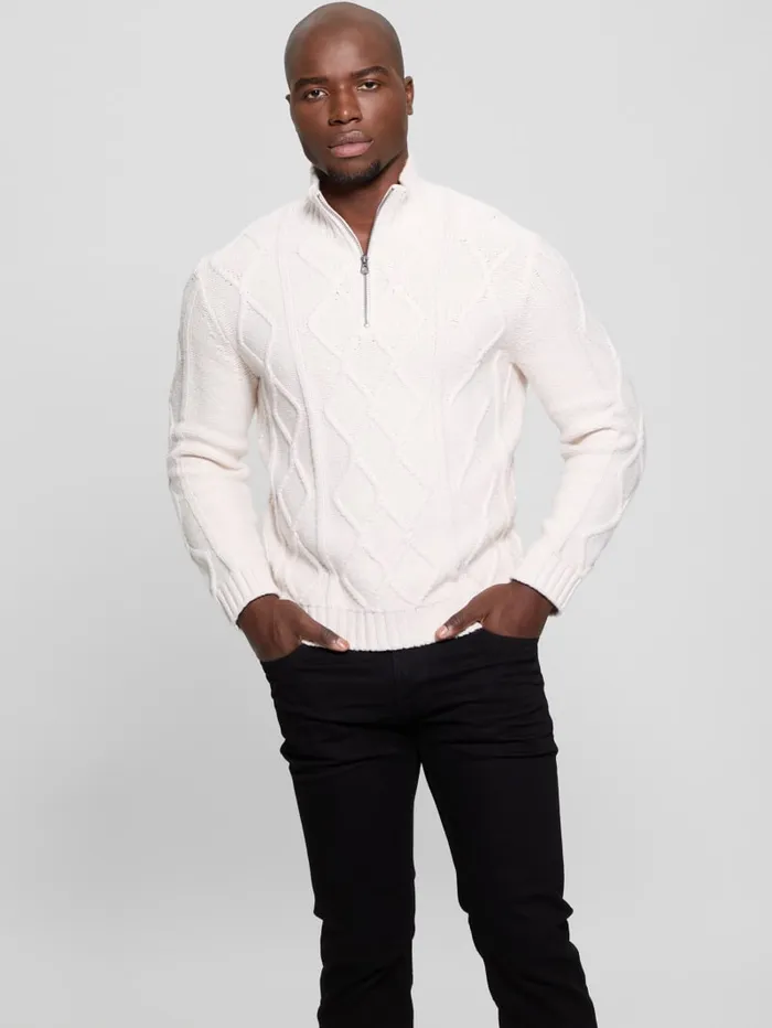 GUESS Gifts For Him Diamond CableKnit HalfZip Sweater White 8211 Men
