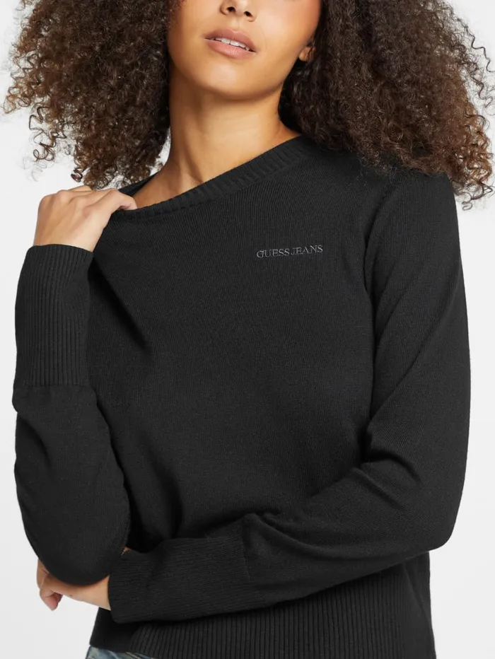 GUESS Hoodies and Sweaters Silk And WoolBlend Crew Logo Sweater Black 8211 Women