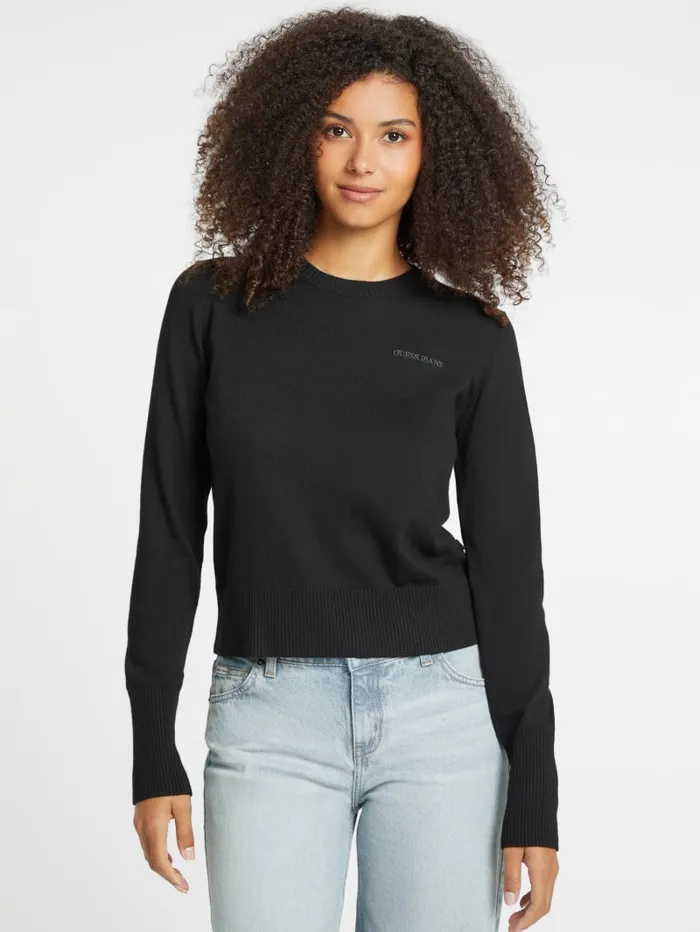 GUESS Hoodies and Sweaters Silk And WoolBlend Crew Logo Sweater Black 8211 Women