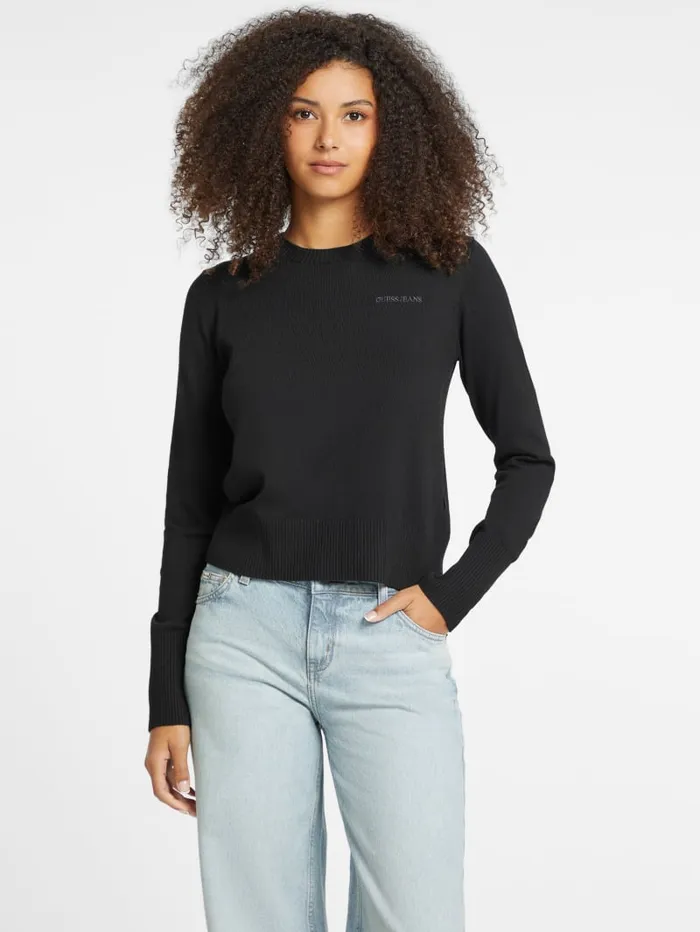 GUESS Hoodies and Sweaters Silk And WoolBlend Crew Logo Sweater Black 8211 Women