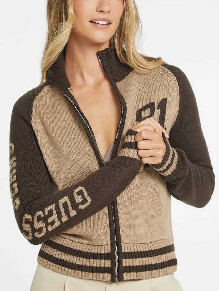 GUESS Hoodies and Sweaters WoolBlend Varsity Logo Zip Sweater Red 8211 Women