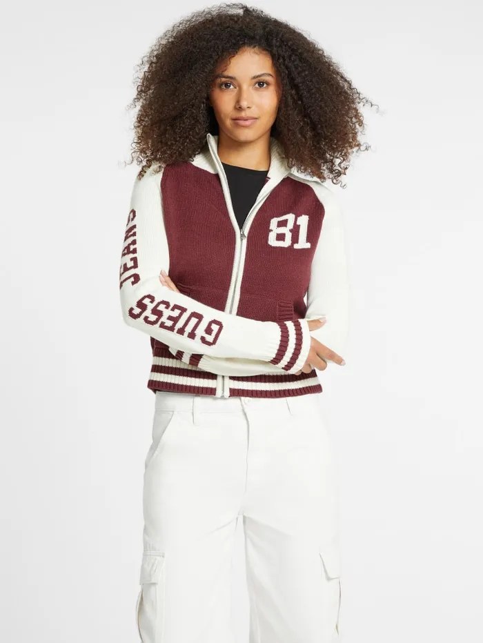 GUESS Hoodies and Sweaters WoolBlend Varsity Logo Zip Sweater Red 8211 Women