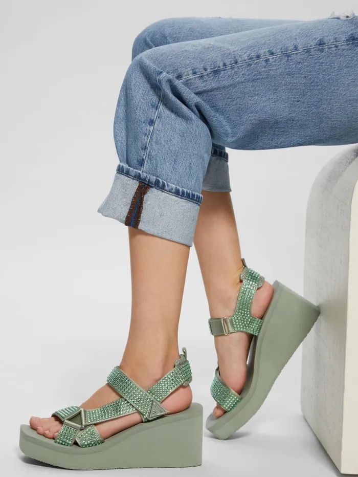 GUESS Sale Dawsin Rhinestone Wedges Green 8211 Women
