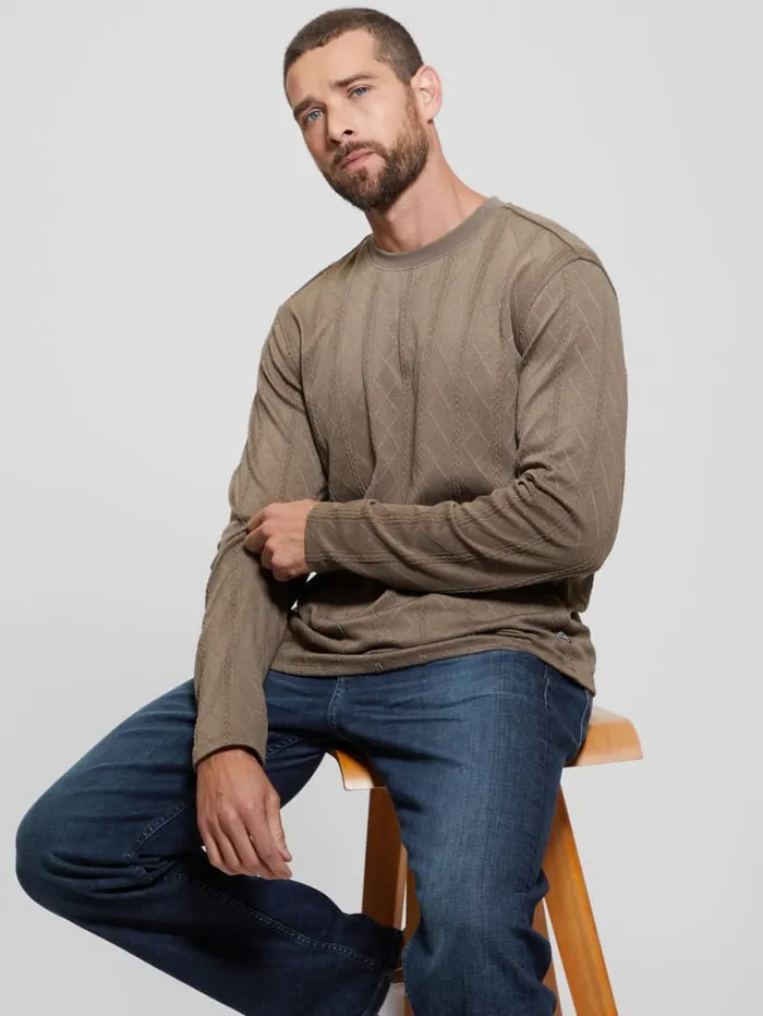 GUESS T Shirts and Tanks Textured Knit LongSleeve Top Grey 8211 Men