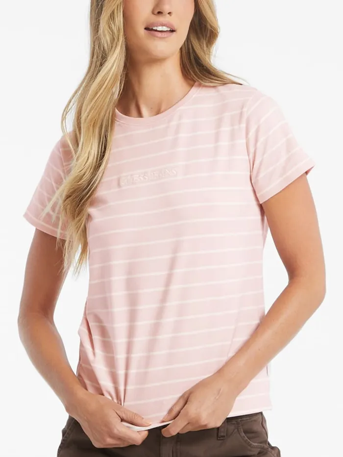 GUESS Tops Classic Embroidered Logo Striped Tee Pink 8211 Women