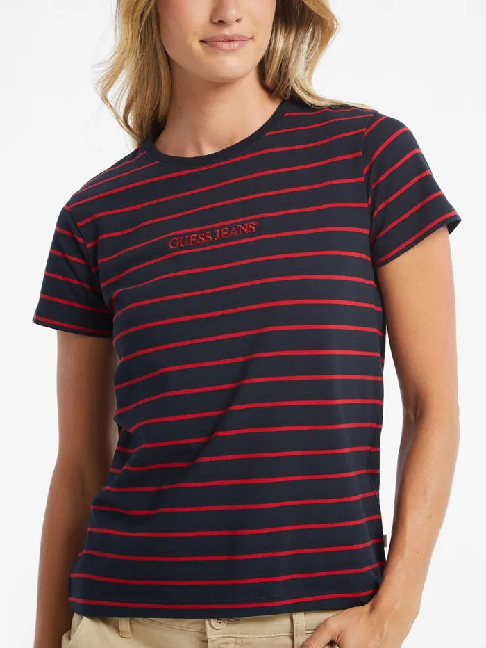 GUESS Tops Classic Embroidered Logo Striped Tee Pink 8211 Women