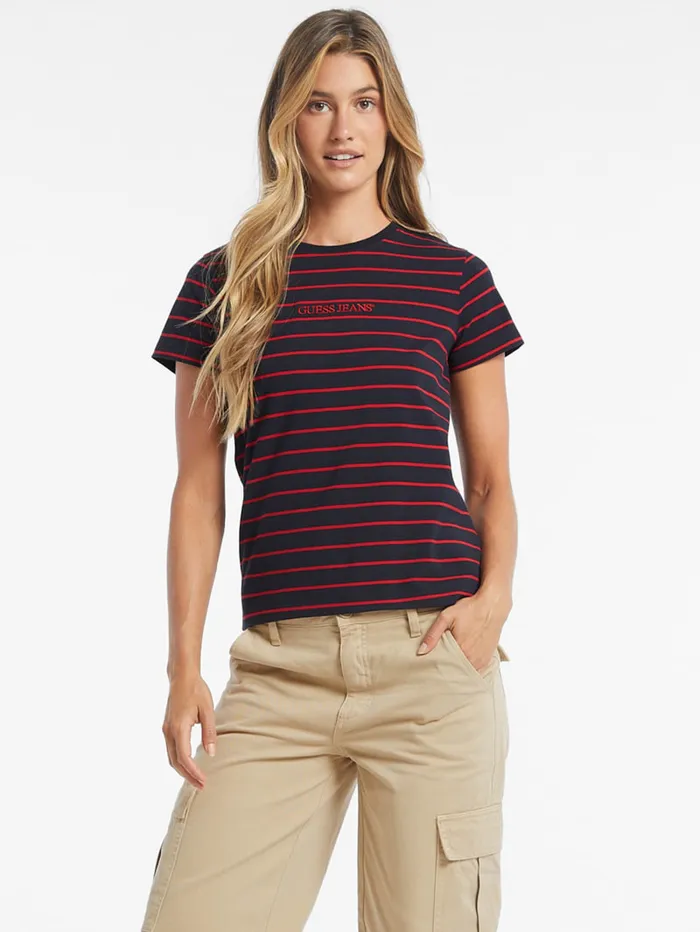GUESS Tops Classic Embroidered Logo Striped Tee Pink 8211 Women