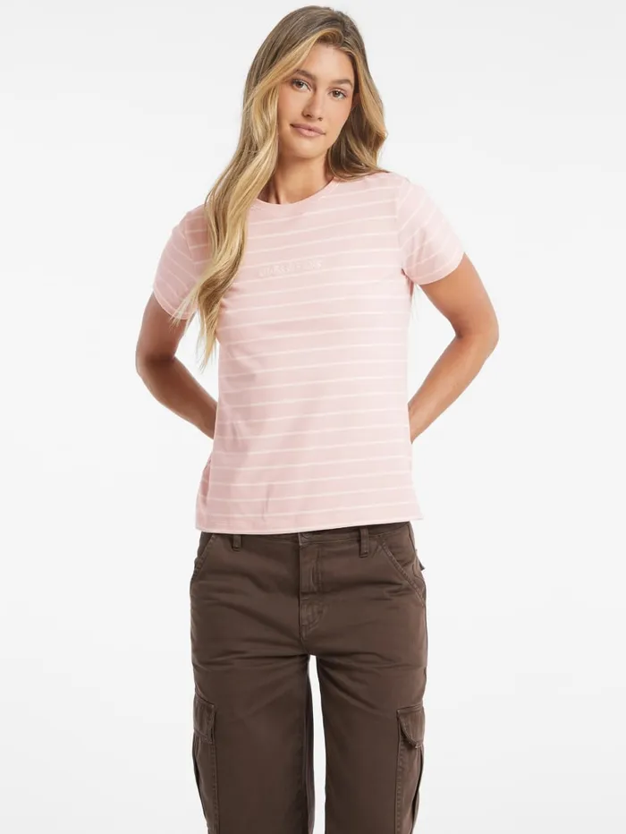 GUESS Tops Classic Embroidered Logo Striped Tee Pink 8211 Women