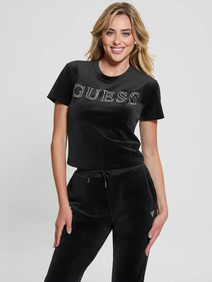 GUESS Tops Eco Couture Velvet Logo Tee Black 8211 Women