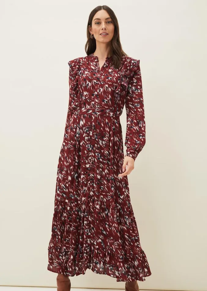 Helen Abstract Feather Print Midaxi Dress Burgundy Women Phase Eight Dresses