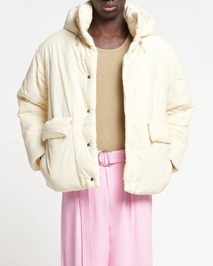 Hide Hood Tech Poplin Hooded Puffer Jacket Creme WomenMen Nanushka Jackets and Blazers