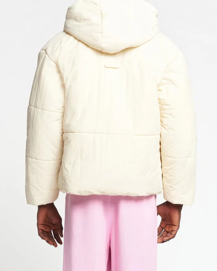 Hide Hood Tech Poplin Hooded Puffer Jacket Creme WomenMen Nanushka Jackets and Blazers