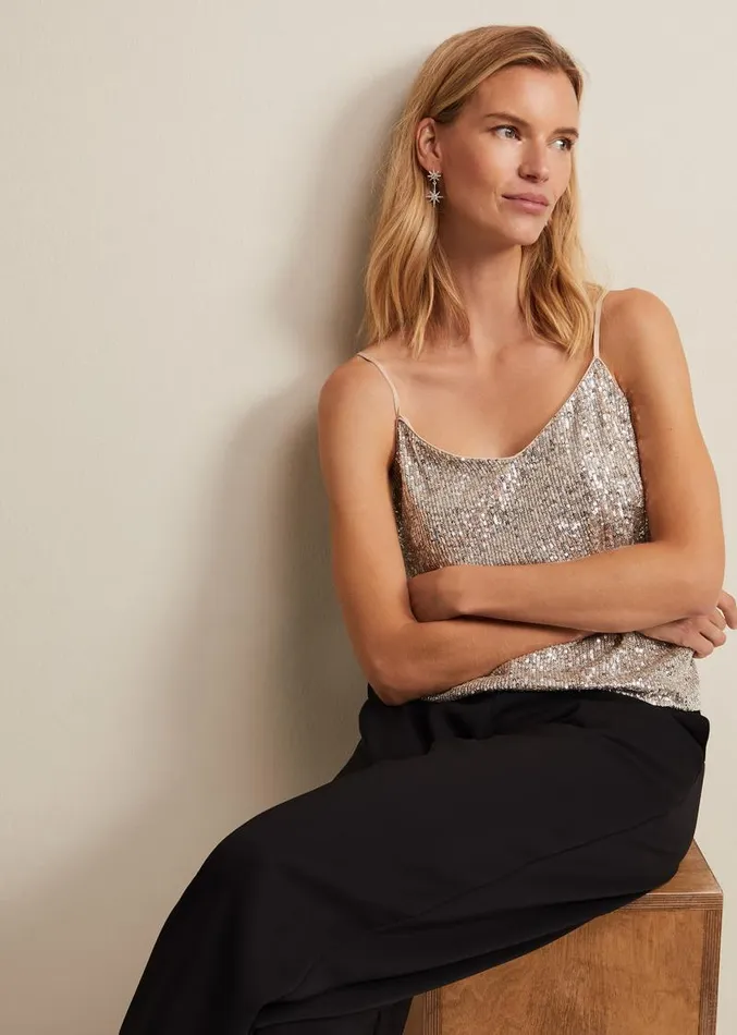 Ivy Sequin Camisole Oyster Women Phase Eight Shirts and Blouses
