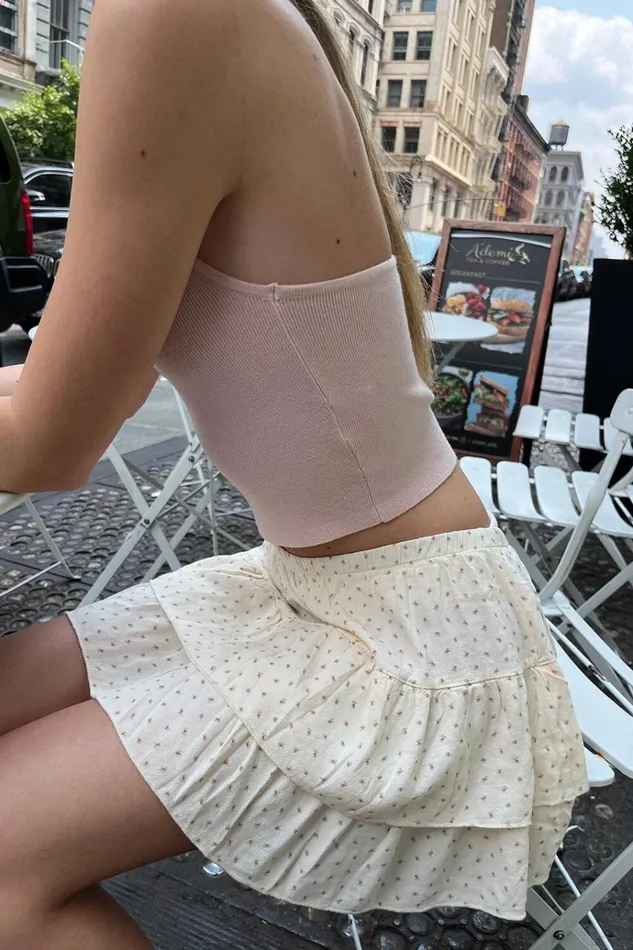 Izzy Floral Mini Skirt Ivory With Rose Pink Floral Women Brandy Melville Bottoms