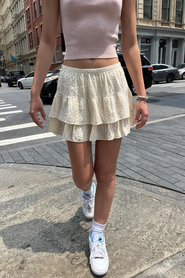 Izzy Floral Mini Skirt Ivory With Rose Pink Floral Women Brandy Melville Bottoms